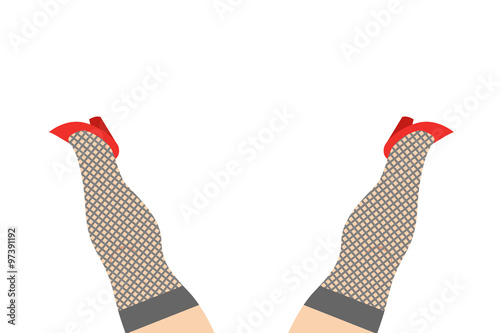 Legs in stockings prostitutes. Two feet of  woman. Red shoes on