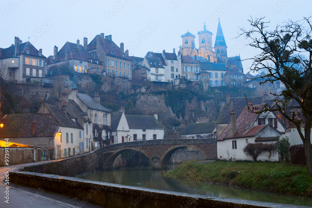 Fototapeta premium Foggy twilight in Semur-en-Auxois. Burgundy, France