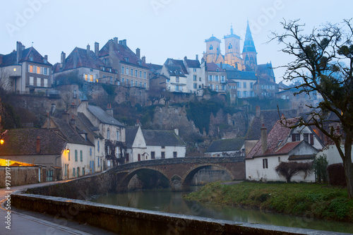 Foggy twilight in Semur-en-Auxois. Burgundy, France