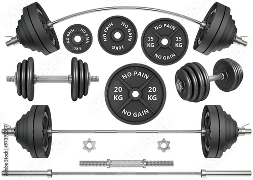 Shots of a metal barbells and weights