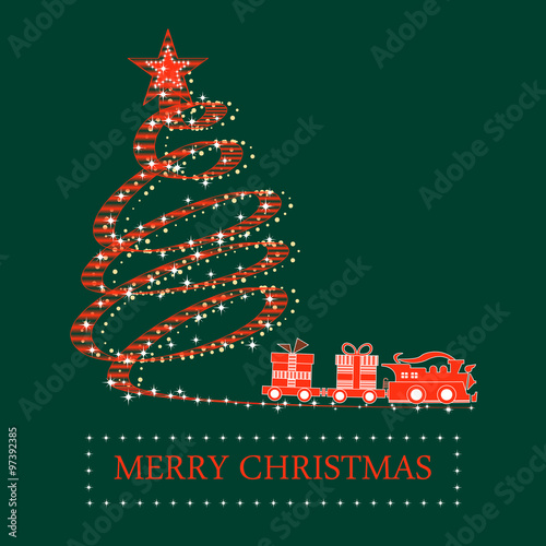 red christmas tree and train with a smoke and gifts on green bac