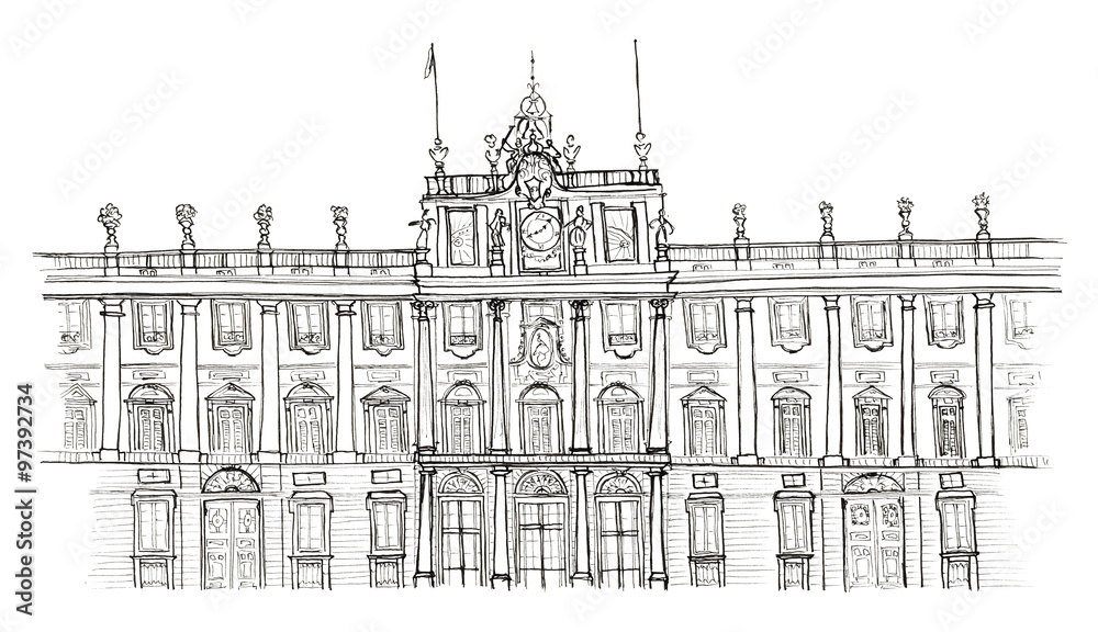 Sketch hand drawn Madrid Spain Palacio Real isolated
