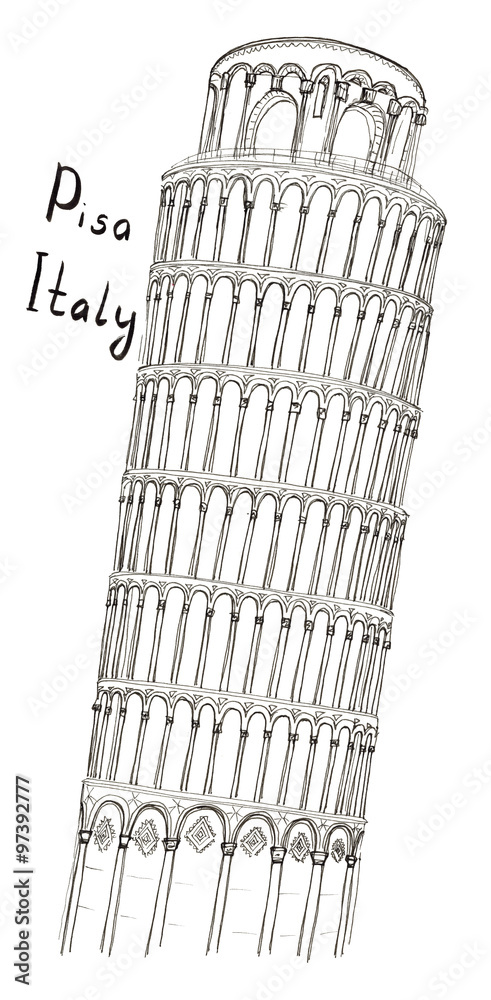 Sketch leaning Tower of Pisa Italy with lettering isolated
