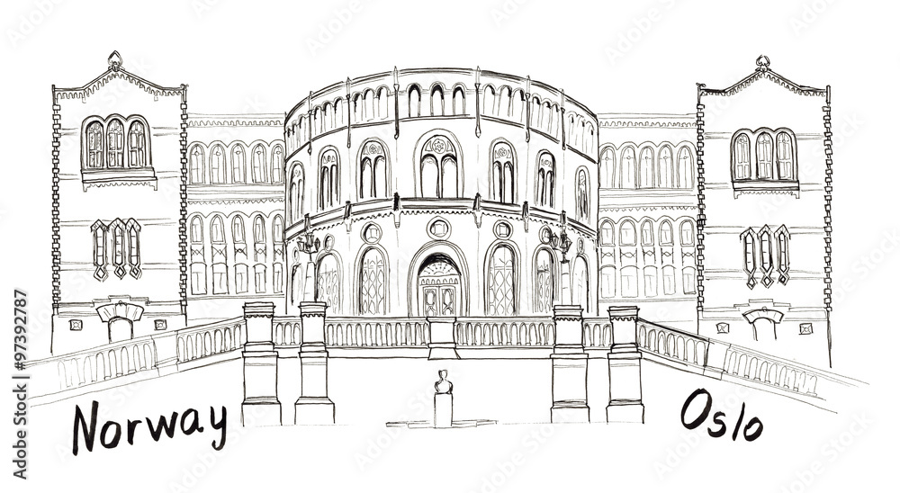 Sketch Norway Oslo Stortinget lettering isolated