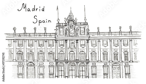 Sketch hand drawn Madrid Spain Palacio Real with lettering isolated