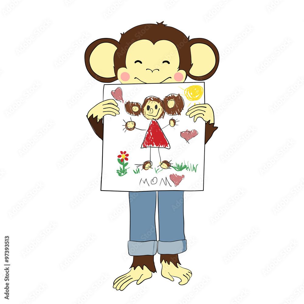 Mother's day. Monkey holds drawing of his mother. Mother's day. Monkey holds drawing of his mother.