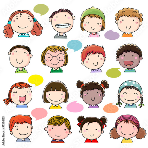 Hand drawn children faces set