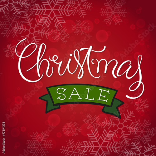 Merry Christmas Sale. Vector Illustration. Hand Lettered Text with Christmas Ornaments on a Red Background.