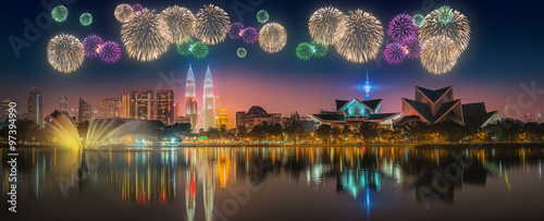 Fototapeta Naklejka Na Ścianę i Meble -  Beautiful fireworks above cityscape of Kuala Lumpur skyline