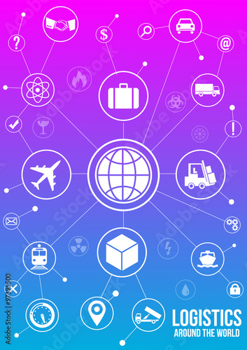 Logistics service design concept. Quick delivery of any type of cargo around the world using all possible kinds of transport to save clients time and money. White icons isolated on gradient background