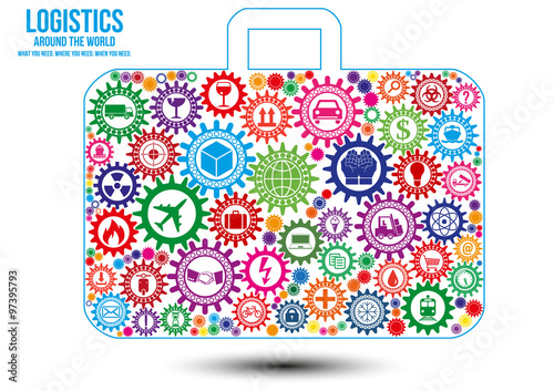 Logistics service design concept. Quick delivery of any type of cargo around the world using all possible kinds of transport to save clients time and money, icons combined as suitcase.