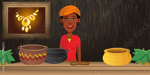 Foto cartoon vector illustration of an African lady selling