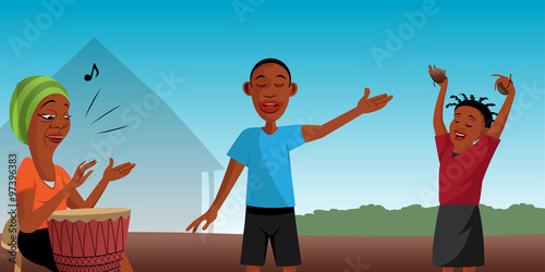 cartoon vector illustration of African villagers singing