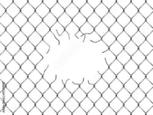 Hole in fence from silver mesh
