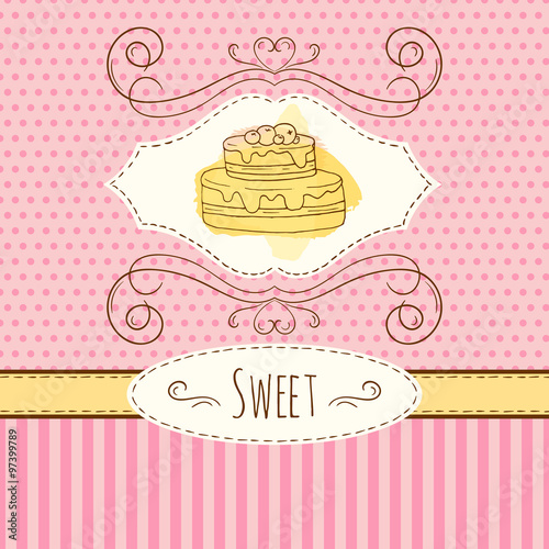 Cake illustration. Vector hand drawn card with watercolor splashes. Sweet polka dots and stripes design. Invitation card template