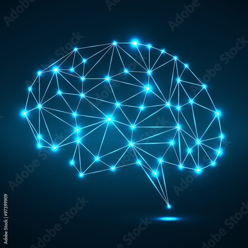 Abstract polygonal brain with glowing dots and lines, network connections. Vector illustration. Eps 10