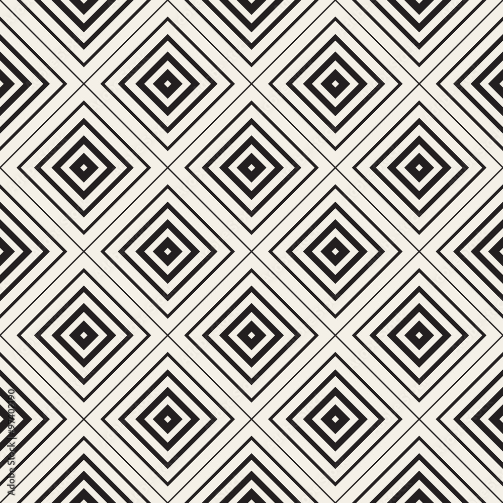 Vector Seamless Black and White Rhombus Tiling  Pattern. Concentric Lines Increasing Stroke Weight Towards The Shape Center