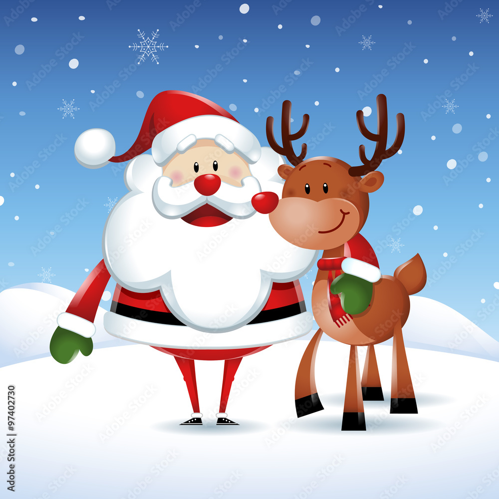 Santa Claus with his friend reindeer in Christmas snow scene Santa Claus with his friend reindeer in Christmas snow scene