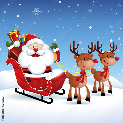 Santa Claus riding a sleigh with Reindeers in Christmas snow scene