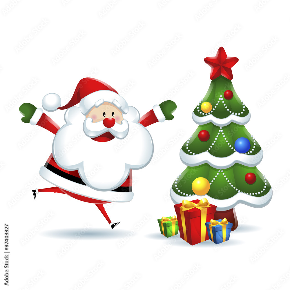 Santa Claus is coming to the Christmas tree in white background