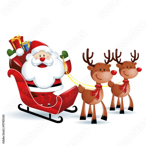 Santa Claus riding a sleigh with Reindeers in white background             