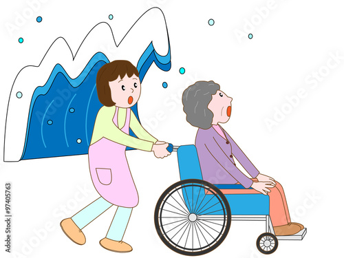 津波で避難する老人