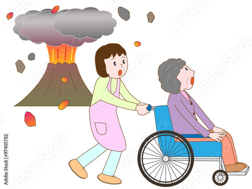 噴火で避難する老人