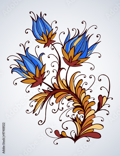 Hand drawn illustration of ornate flowers.