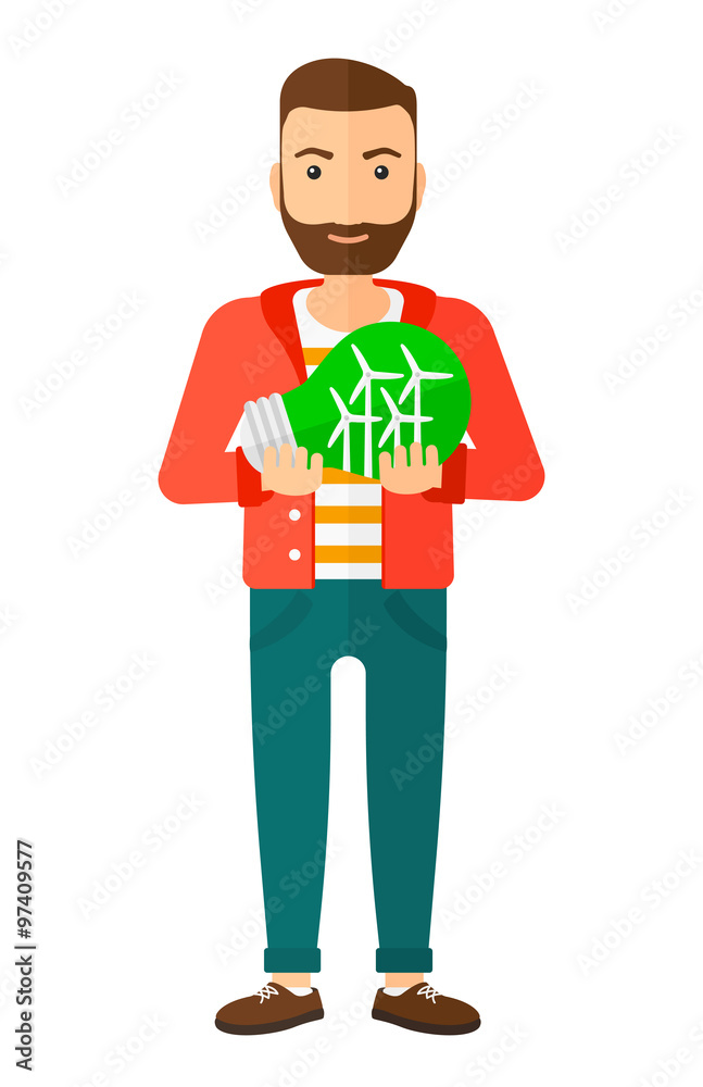 Man with lightbulb and windmill inside. Man with lightbulb and windmill inside.