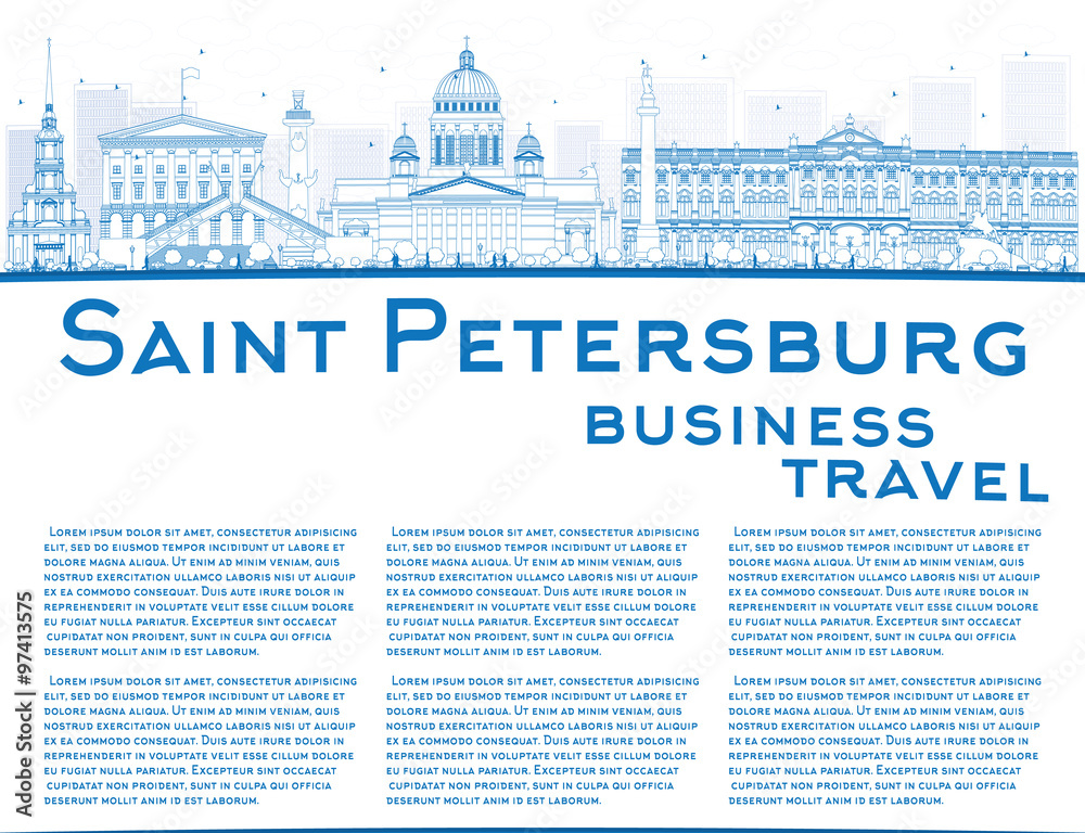 Outline Saint Petersburg skyline with blue landmarks and copy space. Some elements have transparency mode different from normal.