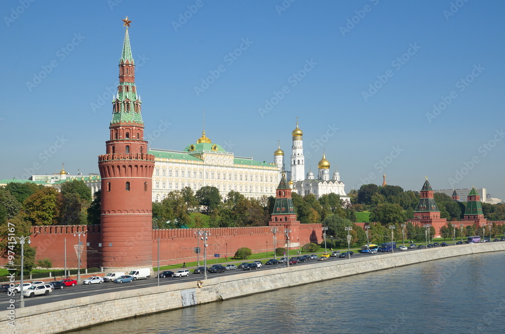 Moscow, Russia. View of the Kremlin and Kremlevskaya embankment 