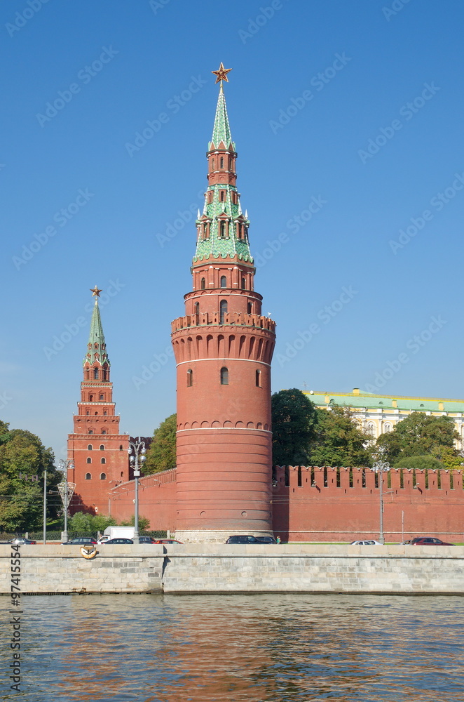 Moscow, Russia. Vodovzvodnaya and Borovitskaya tower of the Moscow Kremlin