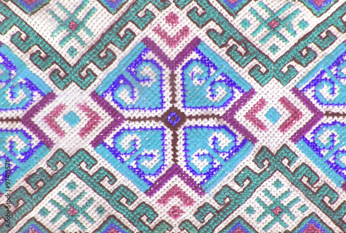 Embroidered handmade cross-stitch ethnic Ukraine pattern, stylized as watercolor. Ethnic ornament