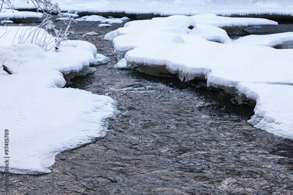 Fototapeta premium River flowing between ice and snow