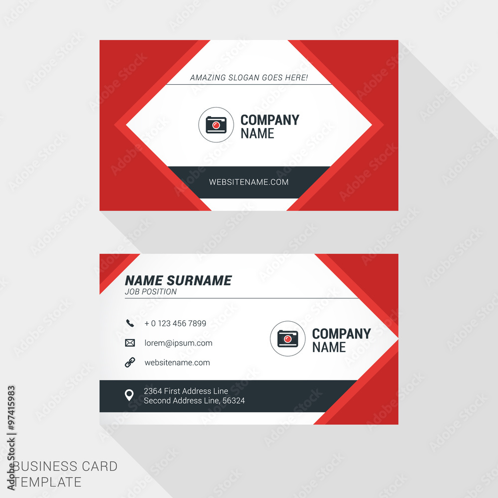 Creative and Clean Business Card Template in Red and Black Colors. Flat Style Vector Illustration