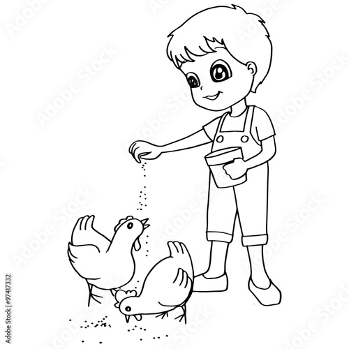 Coloring book  child feeding chickens vector
