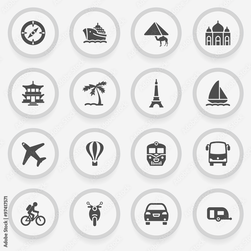 Travel black icons on stickers. Flat design.