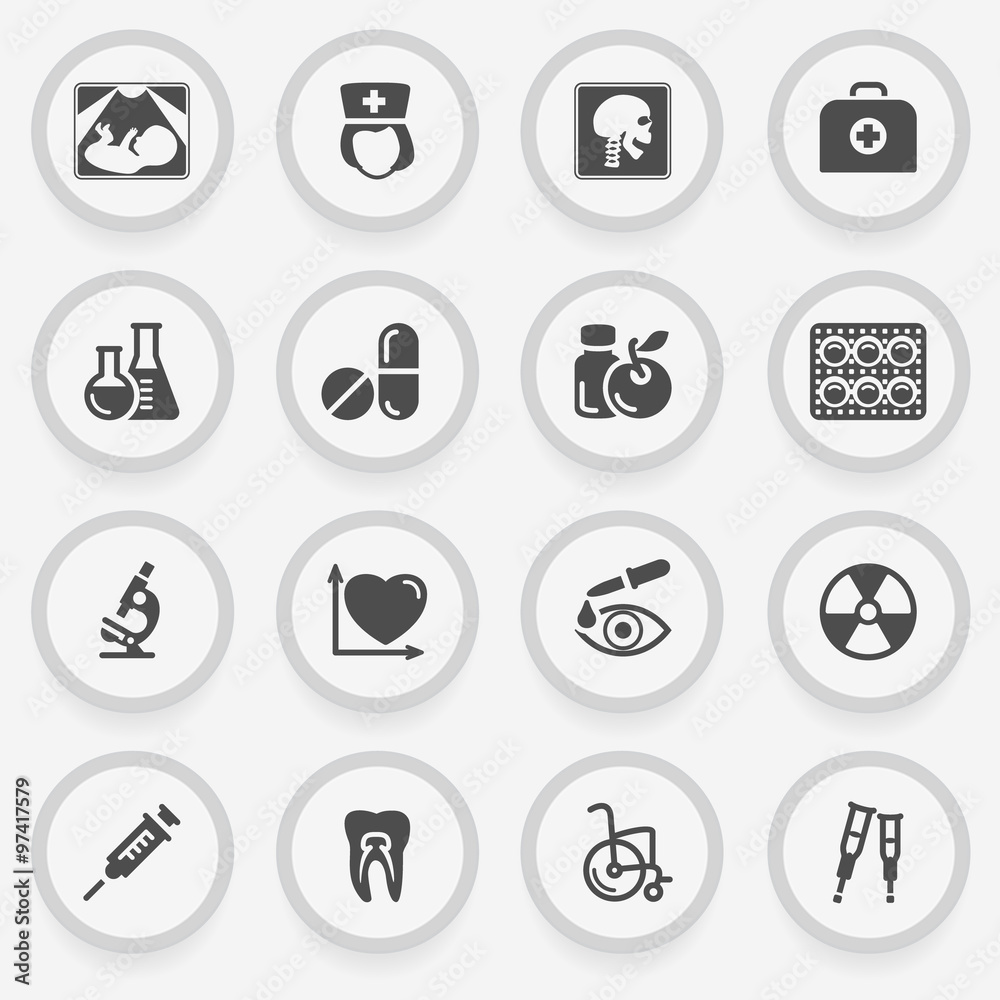 Medicine black icons on stickers. Flat design.