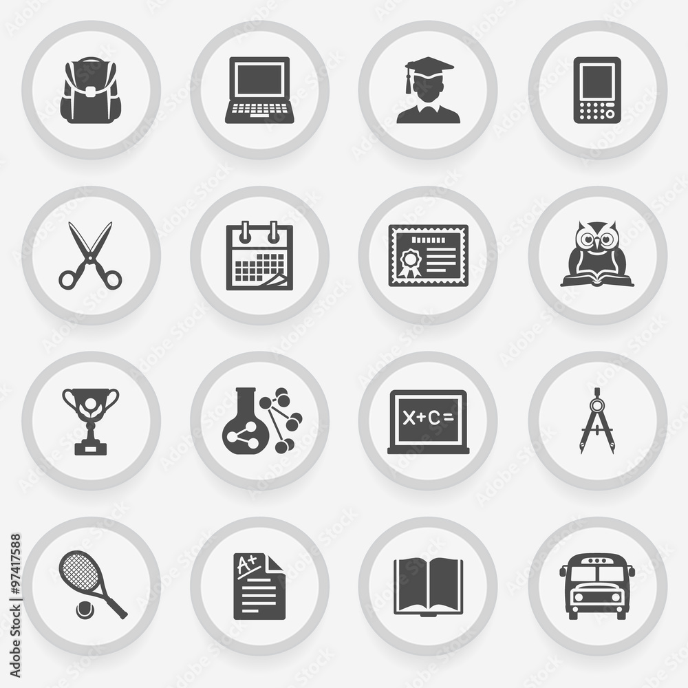 Education black icons on stickers. Flat design. Education black icons on stickers. Flat design.