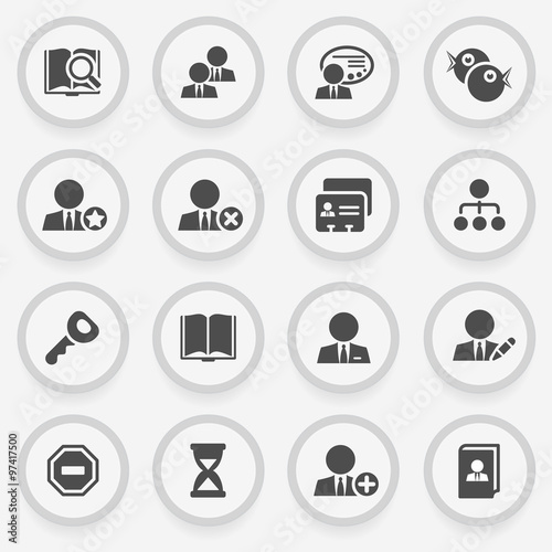 Users black icons on stickers. Flat design.