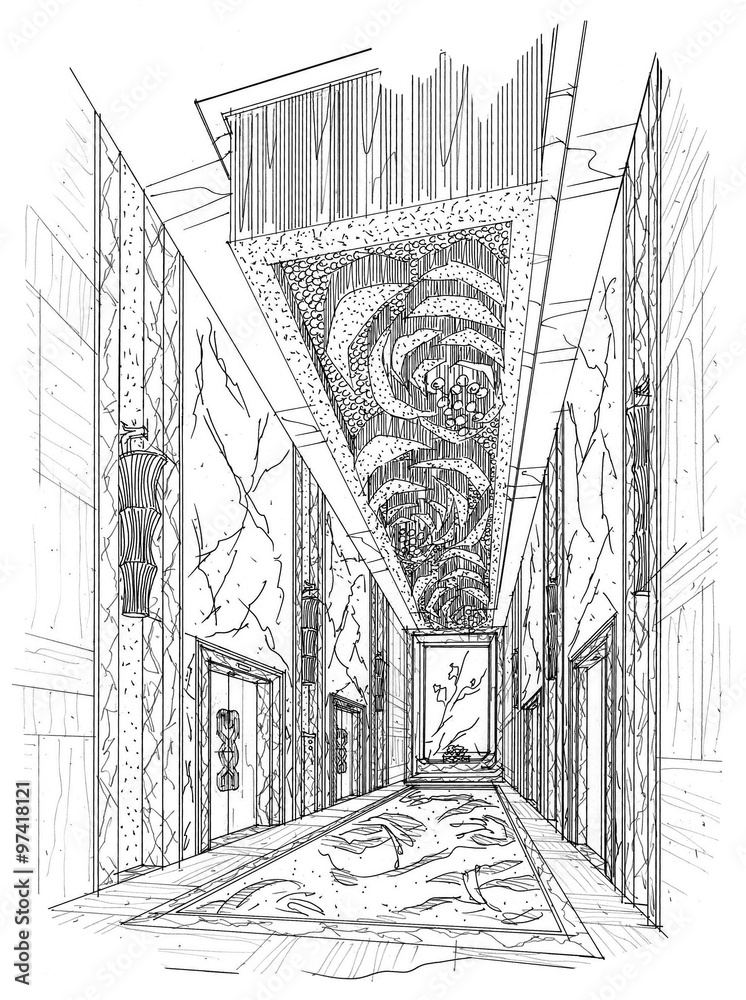 Sketch Interior Perspective Lift Hall, Black And White Interior Design.  Stock Photo, Picture And Royalty Free Image. Image 63916622.