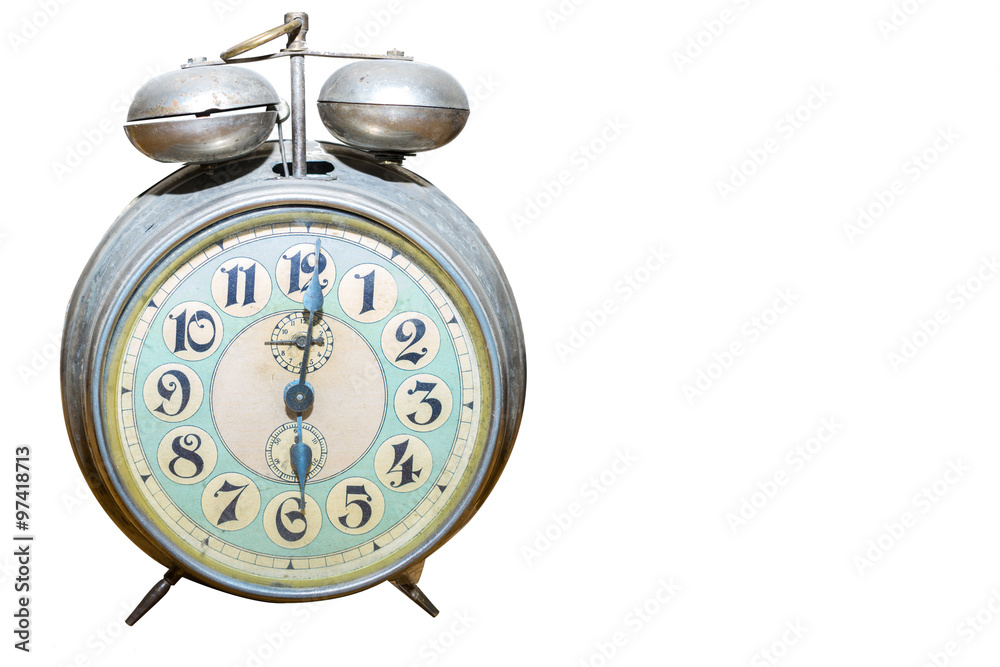 Sveglia antica, vintage, primo piano sfondo bianco, orologio d'epoca, arte  in genere Stock Photo | Adobe Stock