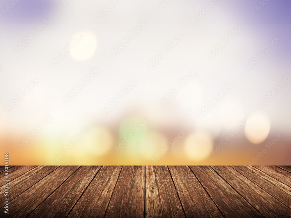 Empty wood table over blurred beautiful landscape with bokeh background, product display template,deck,