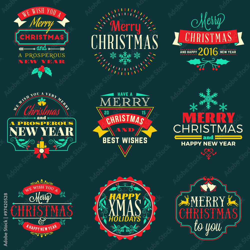 Set of Merry Christmas and Happy New Year Decorative Badges for Greetings Cards or Invitations. Vector Illustration in Red, Green and Yellow Colors