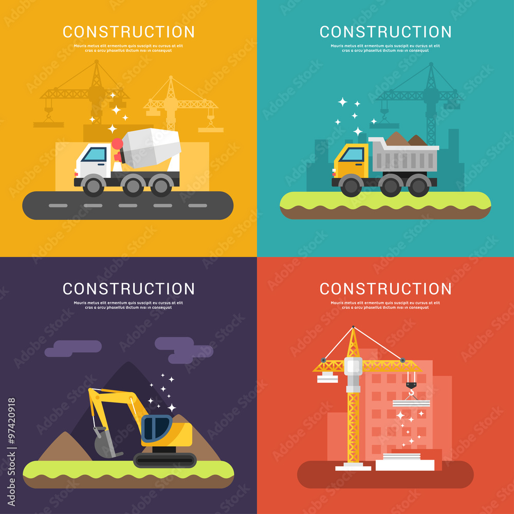Construction Concept. Crane, Cement Mixers, Dump Truck and Excavator. Set of Vector Illustrations in Flat Design Style for Web Banners or Promotional Materials Construction Concept. Crane, Cement Mixers, Dump Truck and Excavator. Set of Vector Illustrations in Flat Design Style for Web Banners or Promotional Materials