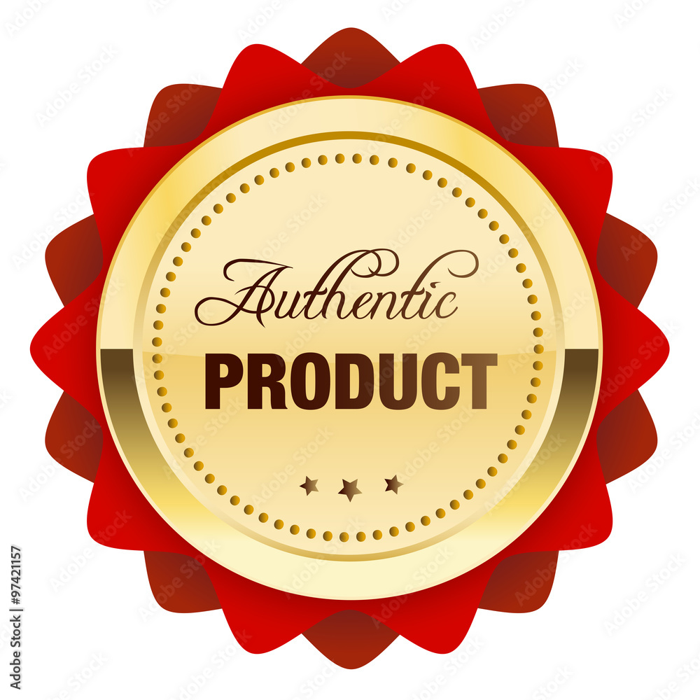 authentic product seal or icon. Glossy golden seal or button with stars and red color.