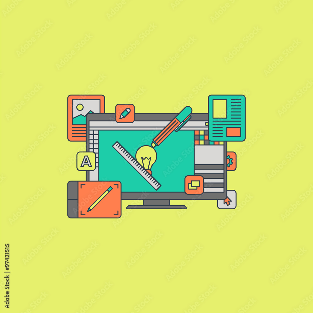 Thin Line Flat Design Concept Illustration for Graphic Digital Design Process Thin Line Flat Design Concept Illustration for Graphic Digital Design Process
