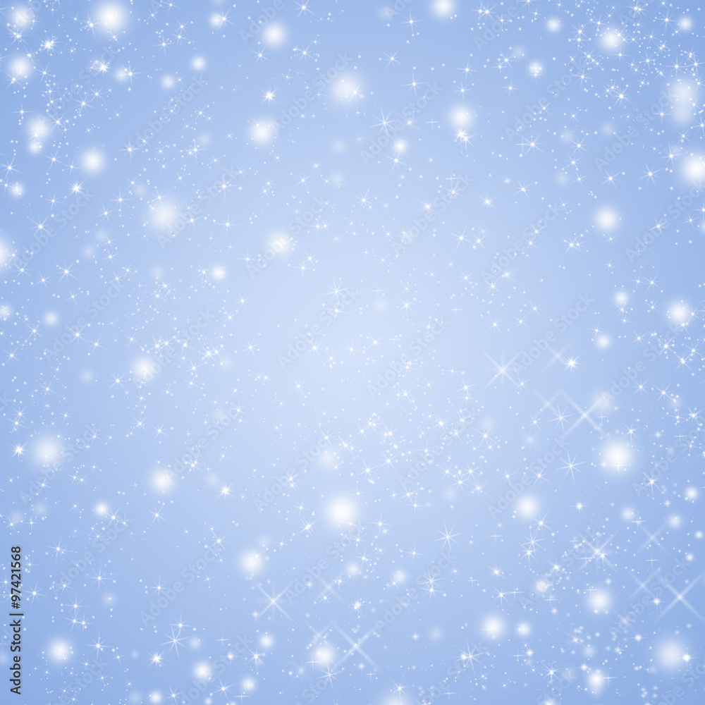 Shiny blue winter holidays greeting card background with sparkling stars and snow. Soft Serenity colored background.
