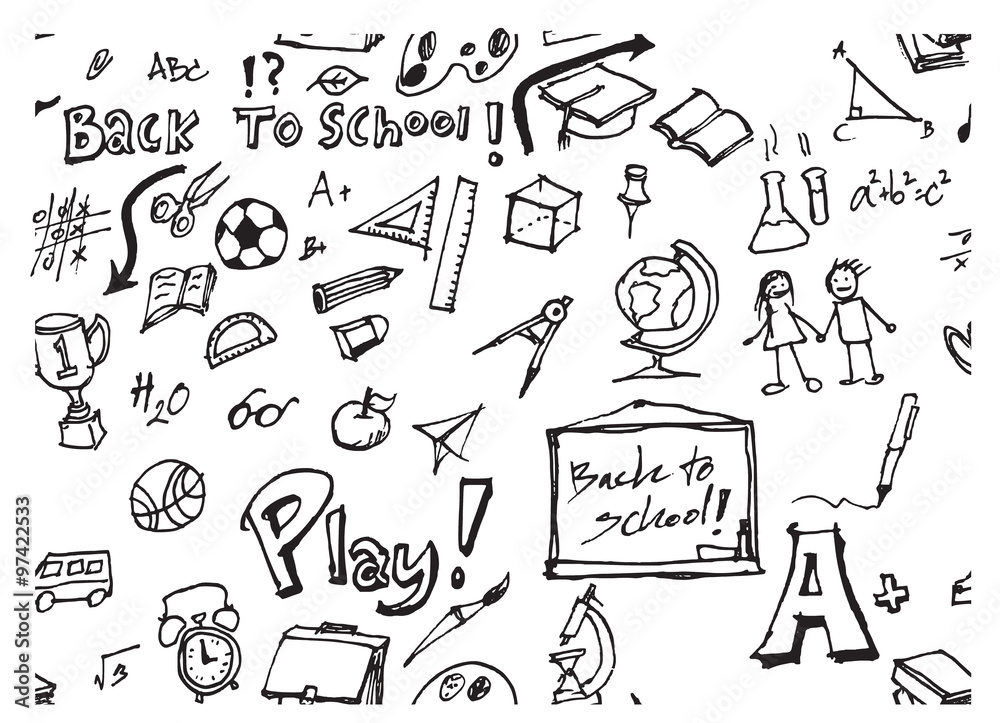 Freehand drawing school items on a sheet of exercise book. Back to School. Vector illustration. Set