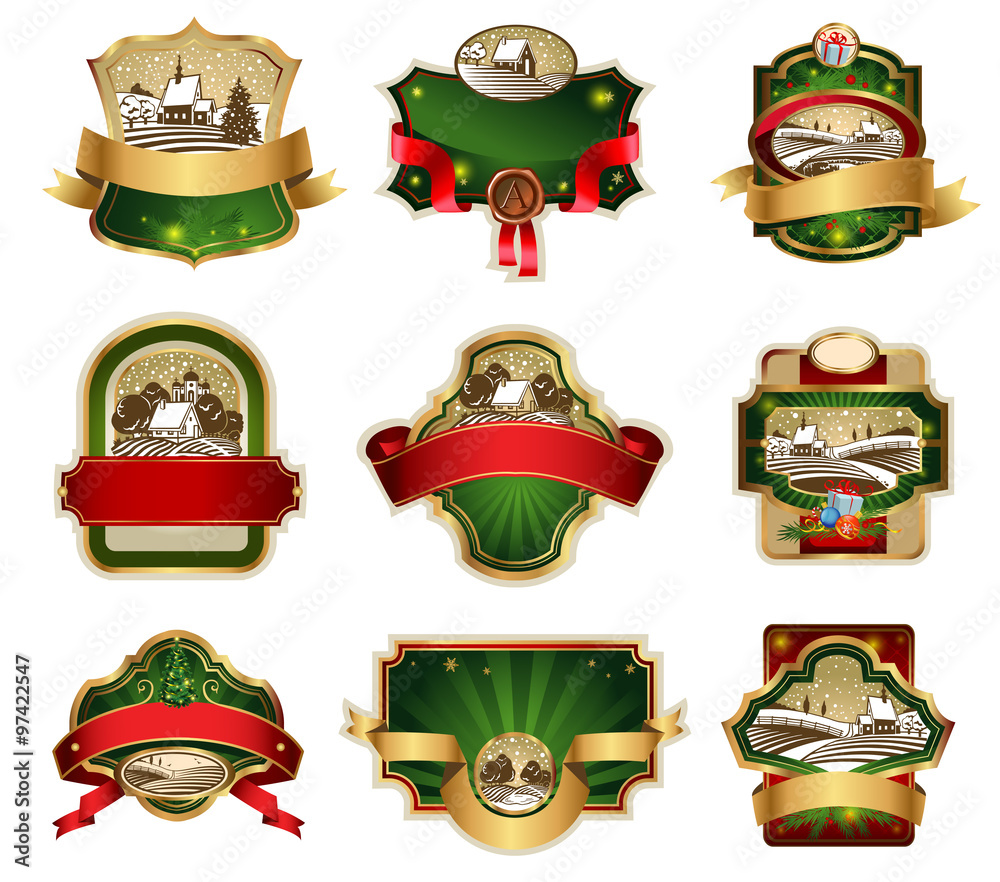 Christmas labels with lovely winter landscape Christmas labels with lovely winter landscape